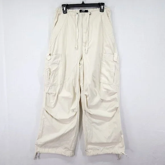 Jaded London Ecru Parachute Cargo Pants Size Small Baggie 30" Elastic Waist - Picture 2 of 15